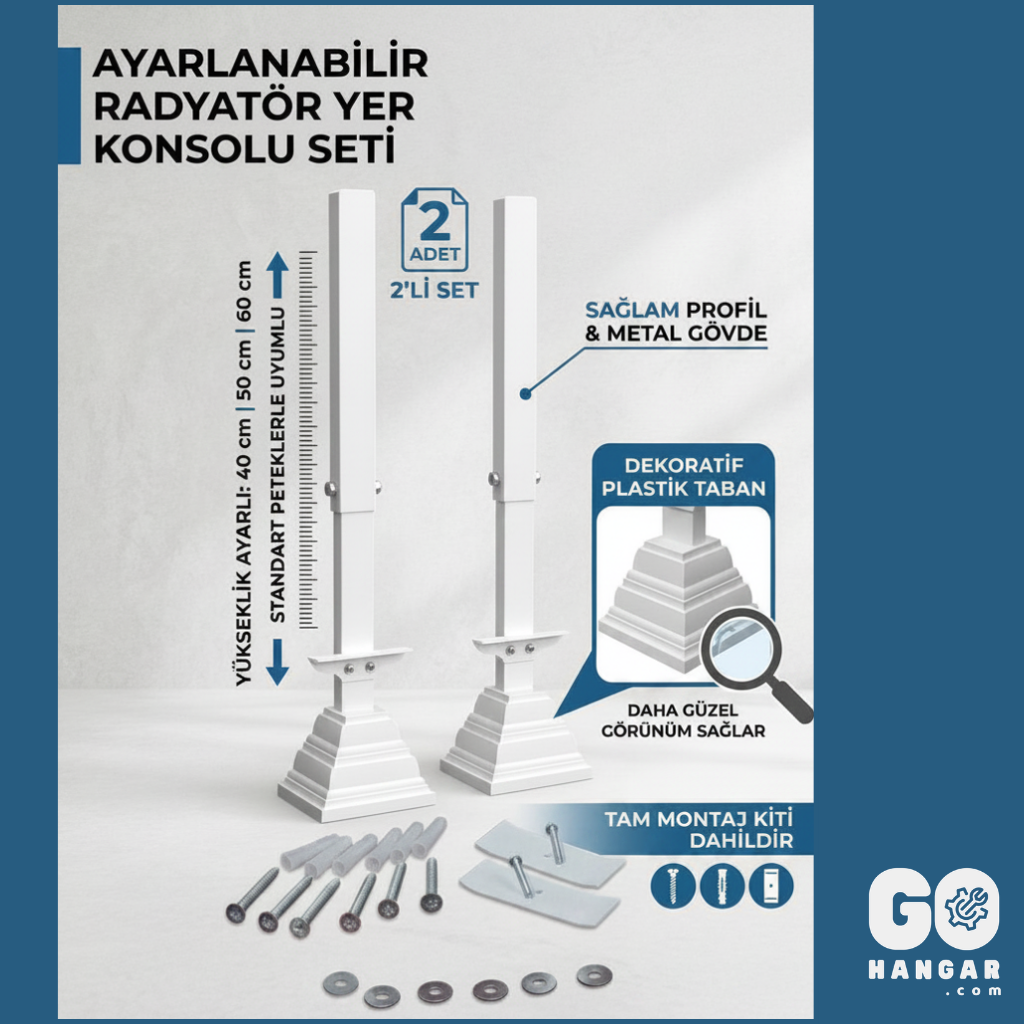 Ayarlanabilir Radyatör Petek Yer Konsolu Ayağı Seti (40-50-60 cm / Dekoratif Tabanlı 2'li Set)